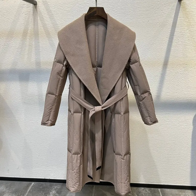 Winter Clothes Women Double-Sided Cashmere Spliced White Goose Down Jacket Lapel Belt Waist Closing Slim Long Wool Trench Coat