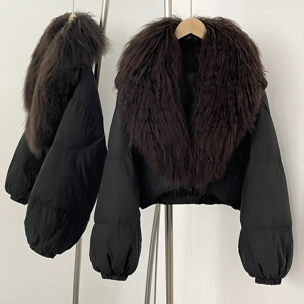 OFTBUY New Winter Clothing Women Real Mongolia Sheep Fur Coat Fahsion Short Long Slevee Puffer Jacket Real Fur Goose Down Parkas
