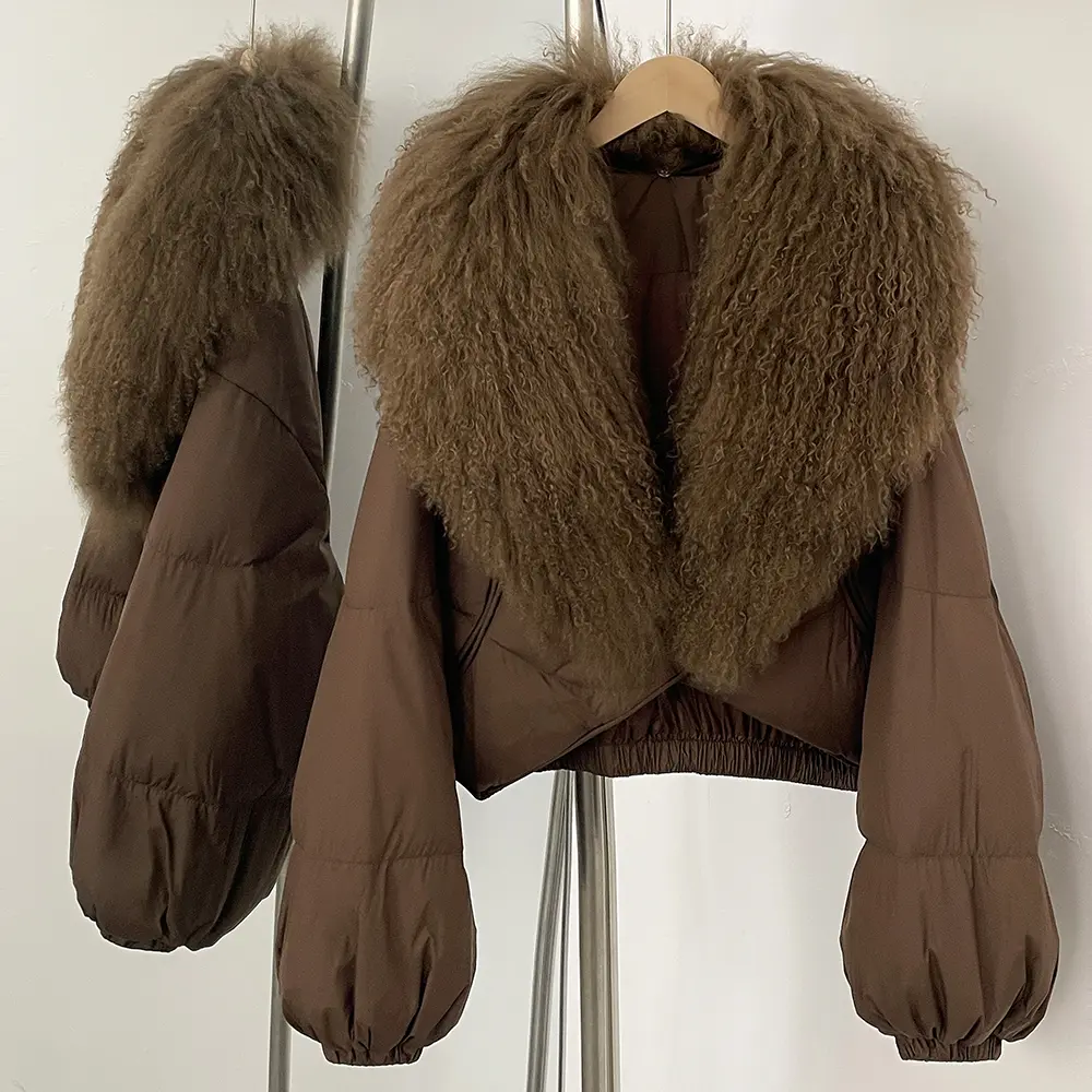 OFTBUY New Winter Clothing Women Real Mongolia Sheep Fur Coat Fahsion Short Long Slevee Puffer Jacket Real Fur Goose Down Parkas