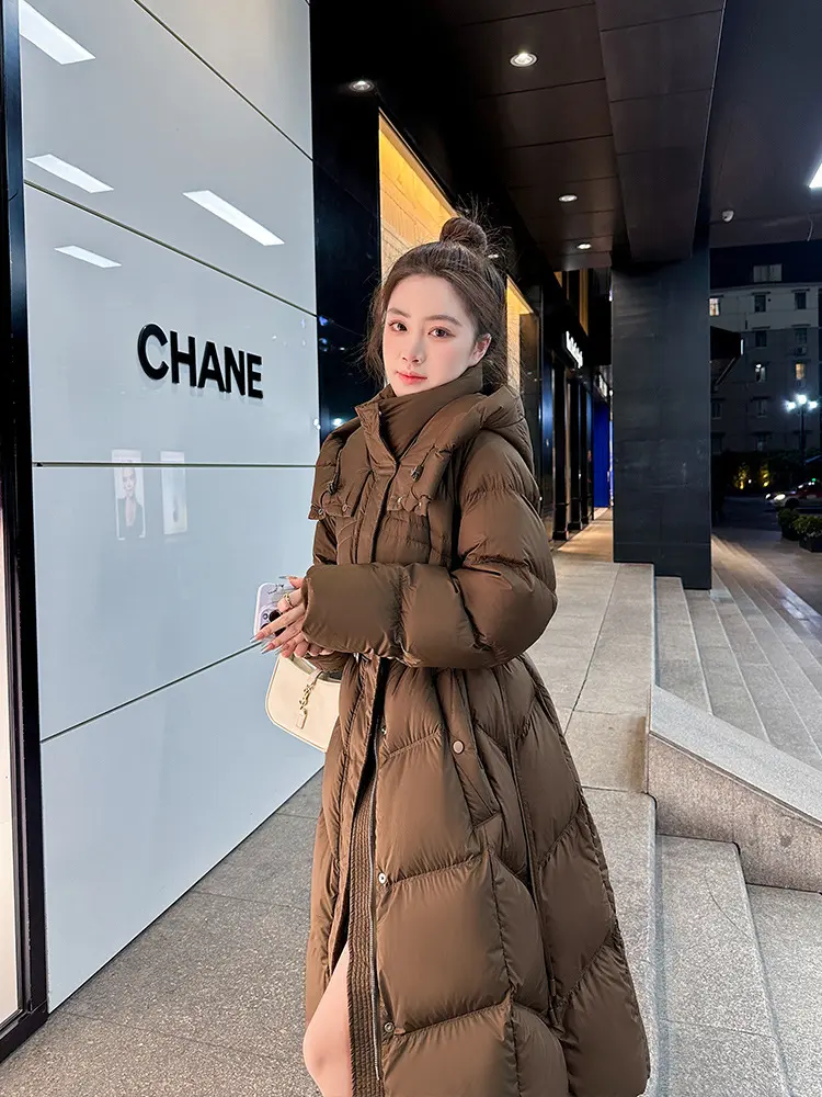 Winter Stand Collar Hooded Long Down Jackets Women Long Sleeves Oversized Cotton Jacket 90 White Duck Down Snowwear Padded Coat