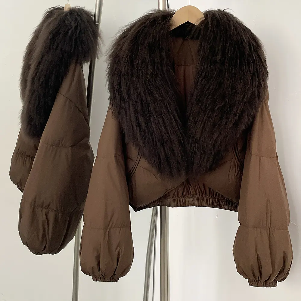 OFTBUY New Winter Clothing Women Real Mongolia Sheep Fur Coat Fahsion Short Long Slevee Puffer Jacket Real Fur Goose Down Parkas