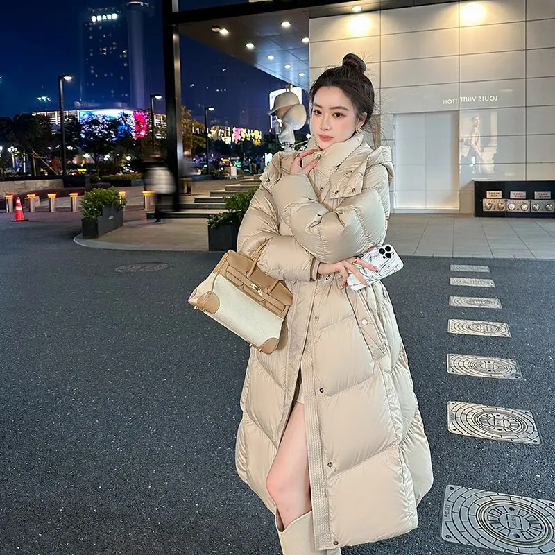 Winter Stand Collar Hooded Long Down Jackets Women Long Sleeves Oversized Cotton Jacket 90 White Duck Down Snowwear Padded Coat