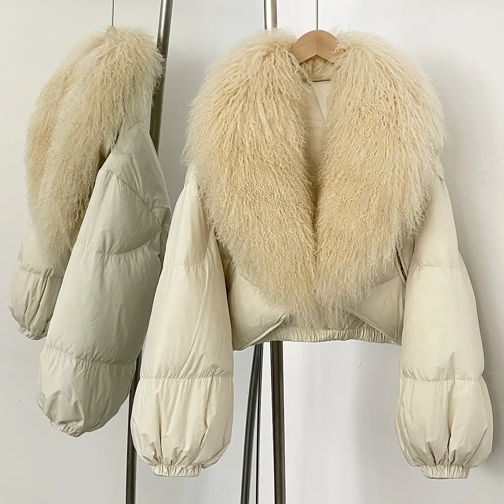 OFTBUY New Winter Clothing Women Real Mongolia Sheep Fur Coat Fahsion Short Long Slevee Puffer Jacket Real Fur Goose Down Parkas
