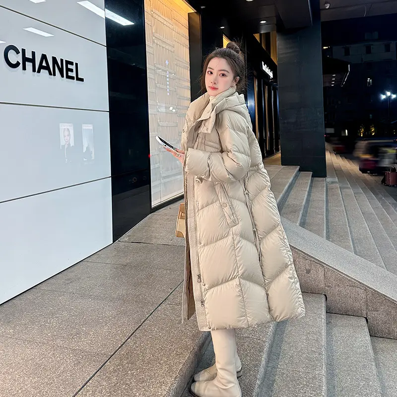 Winter Stand Collar Hooded Long Down Jackets Women Long Sleeves Oversized Cotton Jacket 90 White Duck Down Snowwear Padded Coat