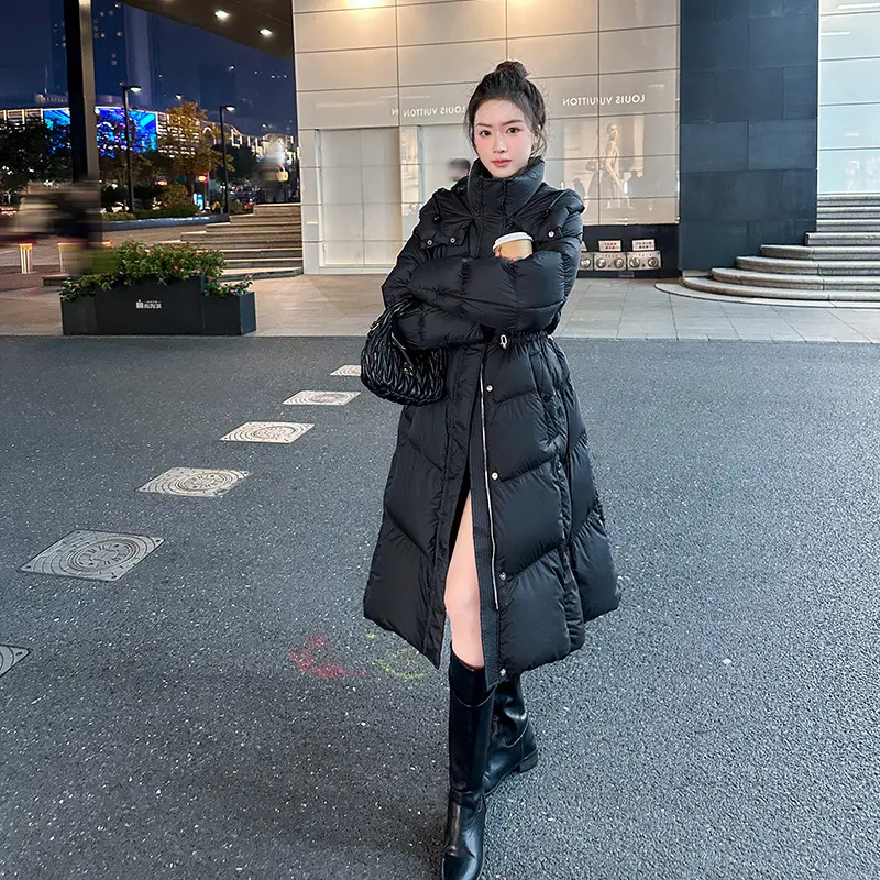 Winter Stand Collar Hooded Long Down Jackets Women Long Sleeves Oversized Cotton Jacket 90 White Duck Down Snowwear Padded Coat