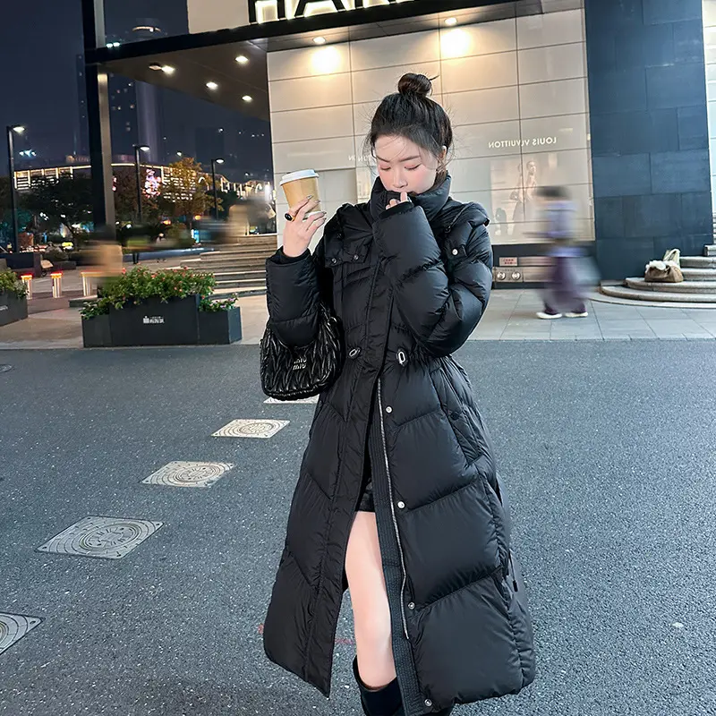 Winter Stand Collar Hooded Long Down Jackets Women Long Sleeves Oversized Cotton Jacket 90 White Duck Down Snowwear Padded Coat