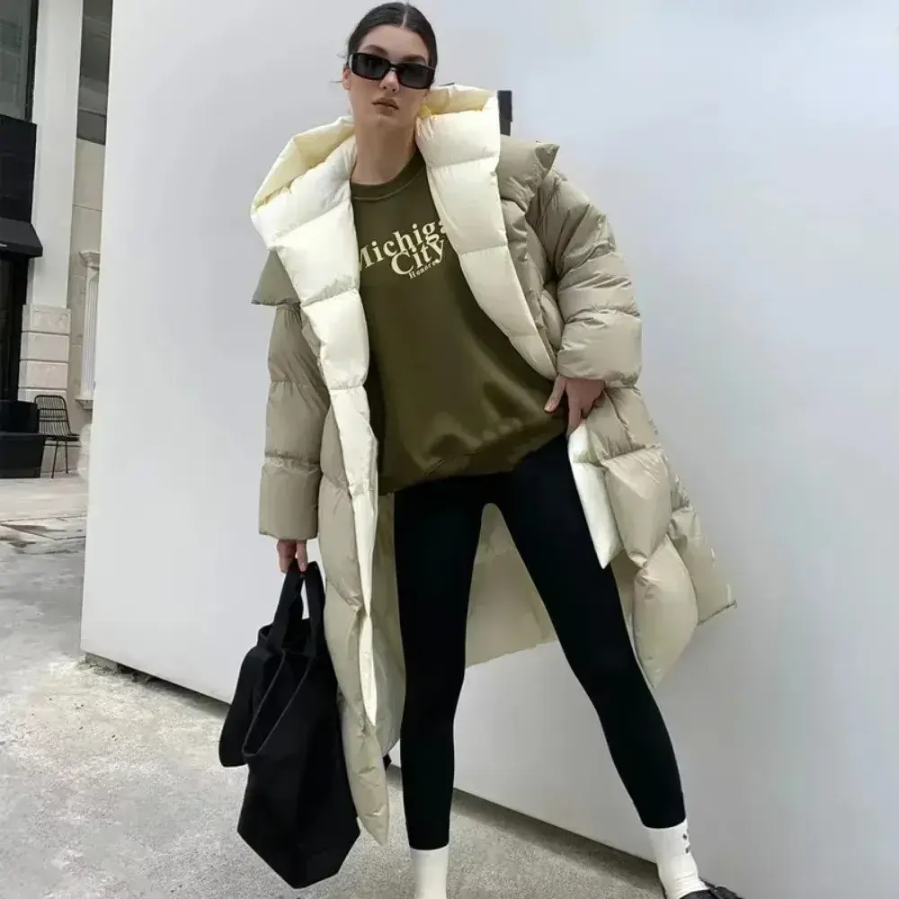 Fluffy White Duck Down Jacket Women Winter Thickness Warm Long Puffer Coat Hooded Female Fashion Fake Two-piece Parkas