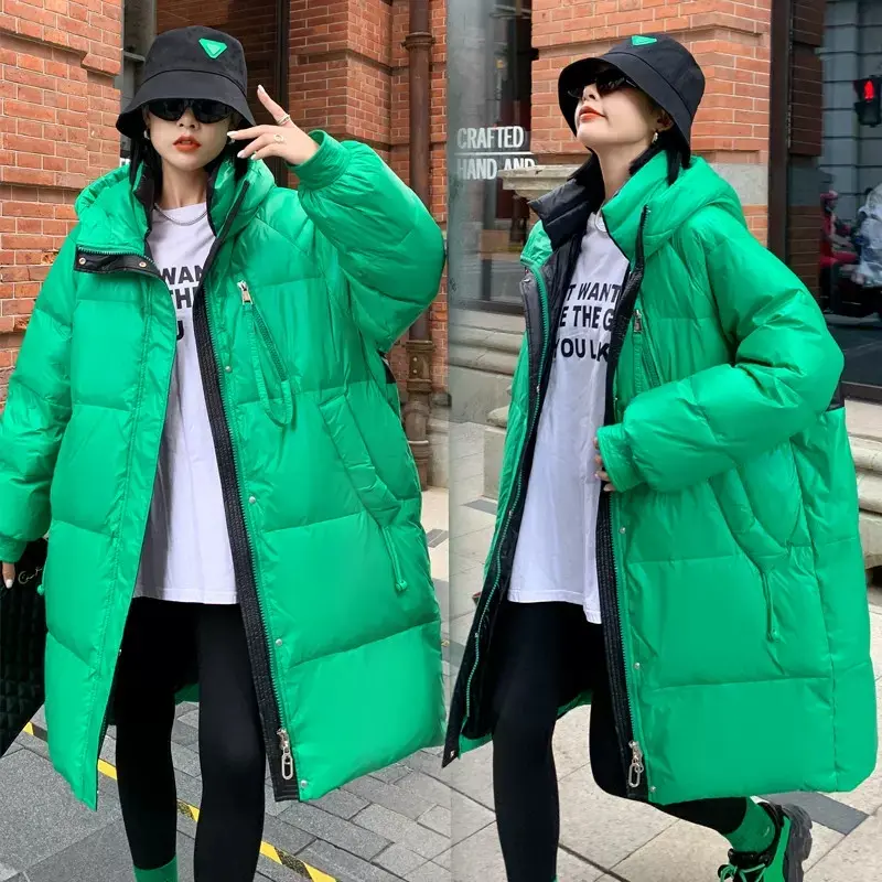 Oversized Down Jacket 110KG Women's 2025 Winter New Student Loose White duck Down Hooded Coats Casual Long Female Overcoat