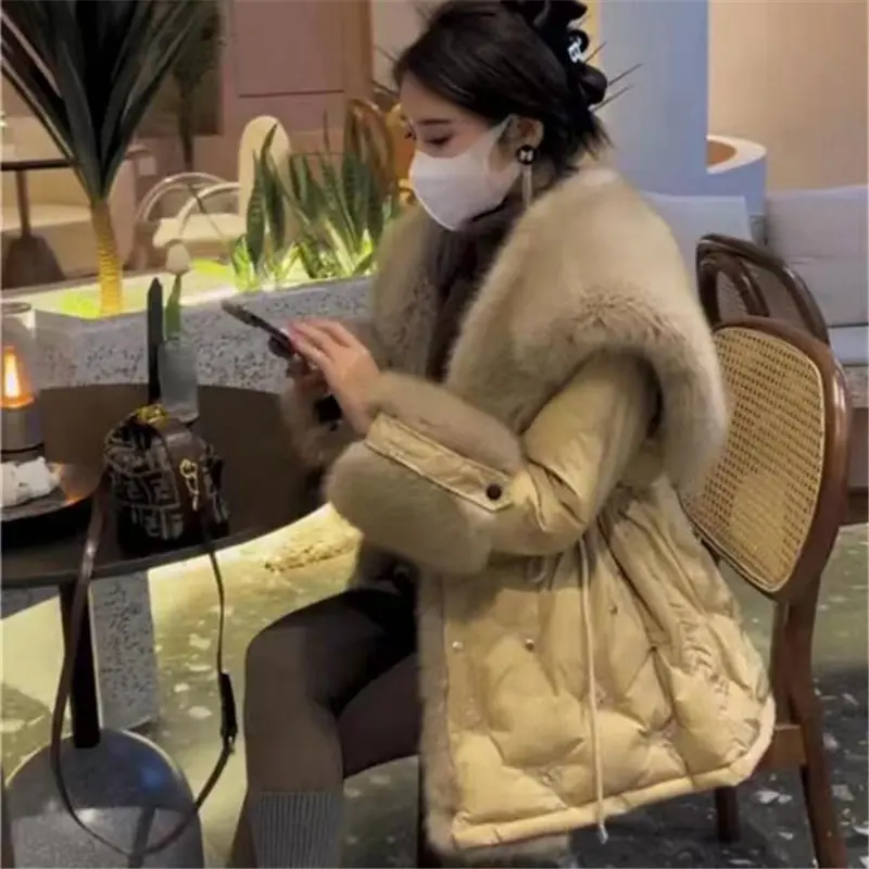 Long White Duck Down Jacket for Women, Big Fur Collar, Casual Coat, Thick Parkas, Female Clothing, Korean , Winter, New, 90%