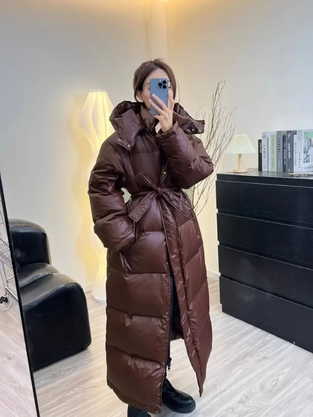 Women's Down Jacket Women Casual Thick Long Duck Down Puffer Coat Hooded Female Waterproof Parkas with Sashes Outwear