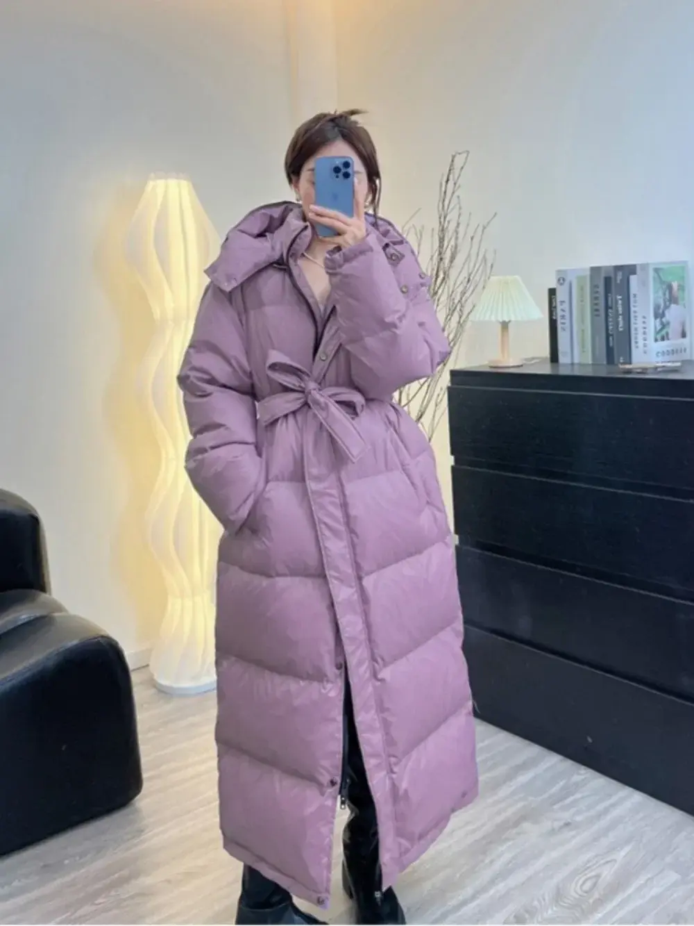Women's Down Jacket Women Casual Thick Long Duck Down Puffer Coat Hooded Female Waterproof Parkas with Sashes Outwear