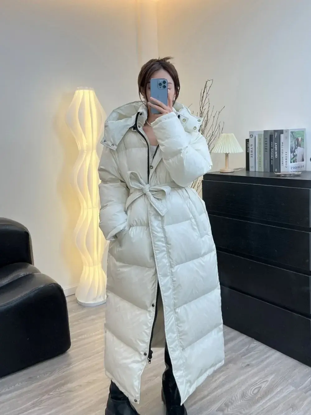 Women's Down Jacket Women Casual Thick Long Duck Down Puffer Coat Hooded Female Waterproof Parkas with Sashes Outwear