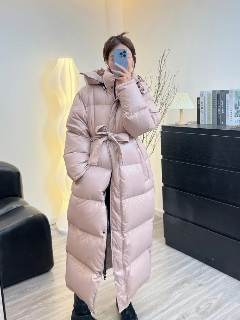 Women's Down Jacket Women Casual Thick Long Duck Down Puffer Coat Hooded Female Waterproof Parkas with Sashes Outwear