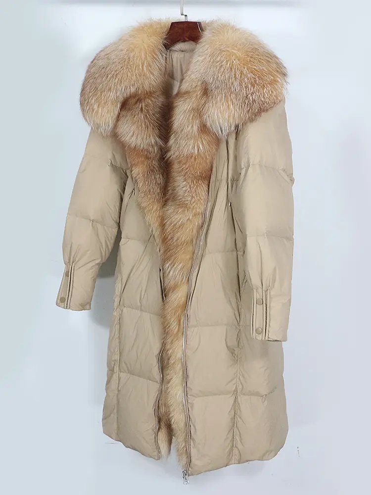 MENINA BONITA 2025 New Natural Real Fox Fur Long White Duck Down Jacket Winter Women Warm Loose Coat Luxury Outerwear Streetwear