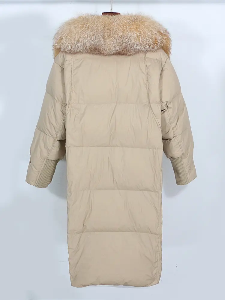 MENINA BONITA 2025 New Natural Real Fox Fur Long White Duck Down Jacket Winter Women Warm Loose Coat Luxury Outerwear Streetwear