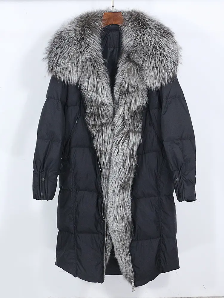MENINA BONITA 2025 New Natural Real Fox Fur Long White Duck Down Jacket Winter Women Warm Loose Coat Luxury Outerwear Streetwear