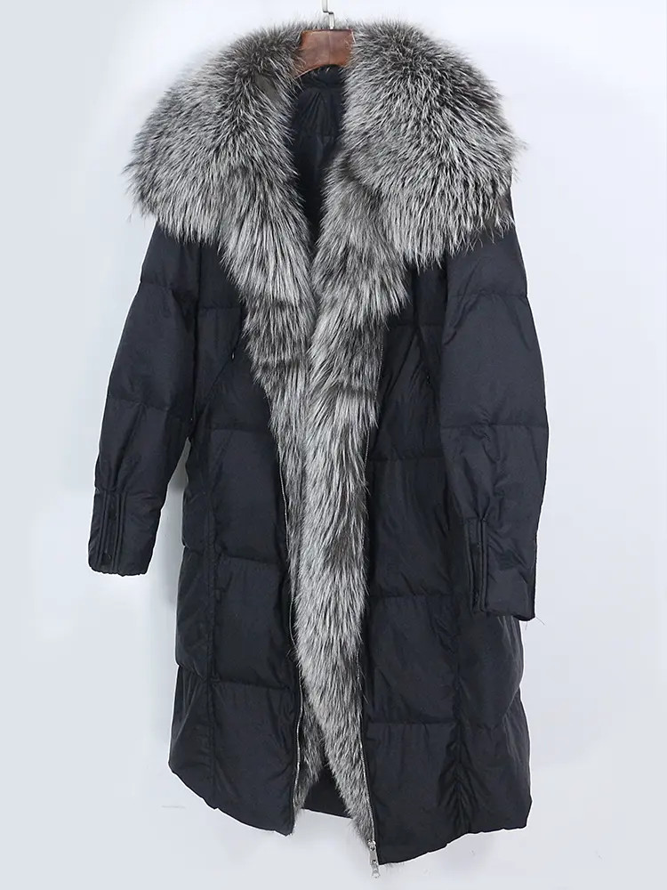 MENINA BONITA 2025 New Natural Real Fox Fur Long White Duck Down Jacket Winter Women Warm Loose Coat Luxury Outerwear Streetwear