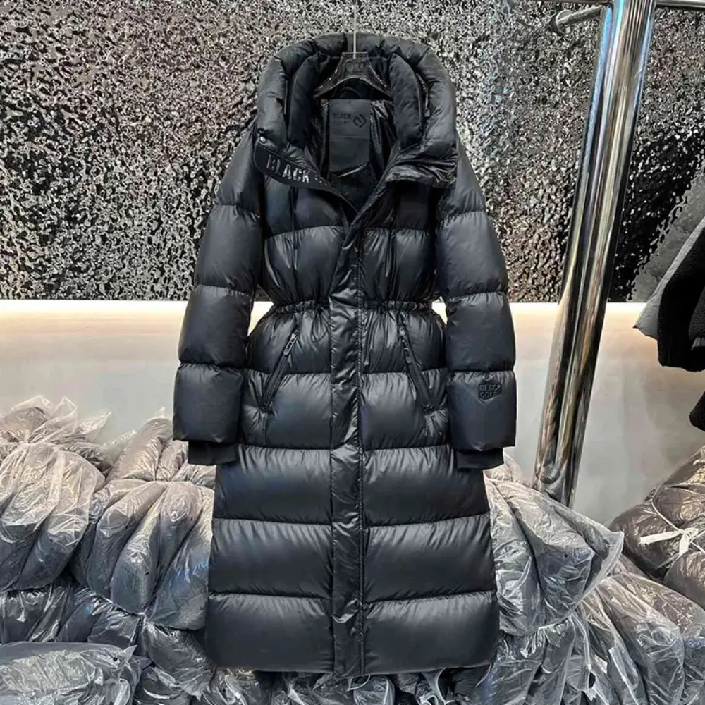 Puffer Jacket 2025 New Winter Extra Long Hooded 90% White Duck Down Jacket Women Ultra-Thick Warmth Black Glossy Fluffy Coat