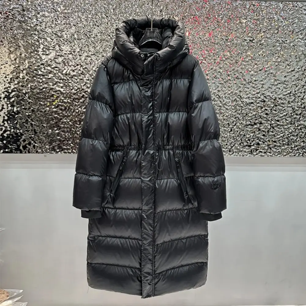 Puffer Jacket 2025 New Winter Extra Long Hooded 90% White Duck Down Jacket Women Ultra-Thick Warmth Black Glossy Fluffy Coat