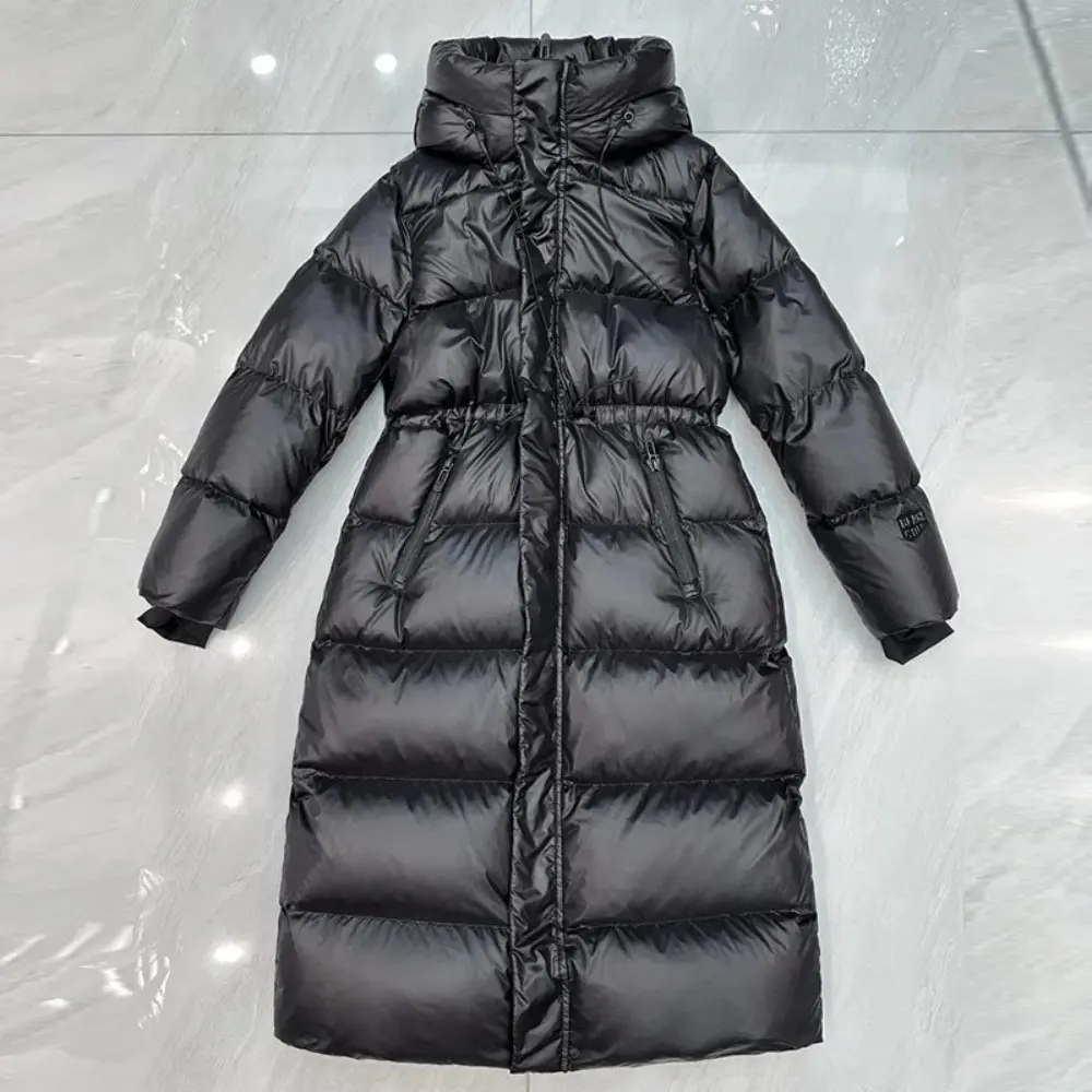 Puffer Jacket 2025 New Winter Extra Long Hooded 90% White Duck Down Jacket Women Ultra-Thick Warmth Black Glossy Fluffy Coat