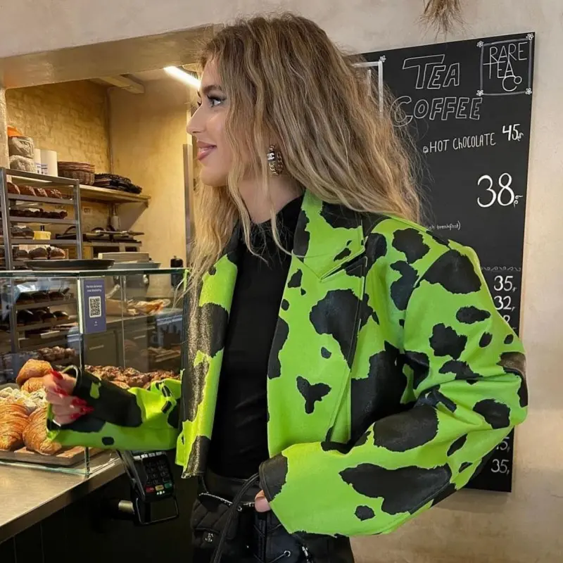 Oshfall Autumn High Street Jacket For Women Harajuku Faux PU Leather 2023 New  Printing Coat Simple  Fashion Female Streetwear