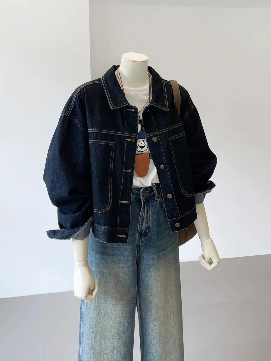 Navy Blue Short Denim Jacket Female Work Style Spring and Fall New Korean Version of the Casual Pocket Design Sense Thin Blouse