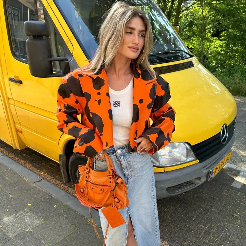 Oshfall Autumn High Street Jacket For Women Harajuku Faux PU Leather 2023 New  Printing Coat Simple  Fashion Female Streetwear