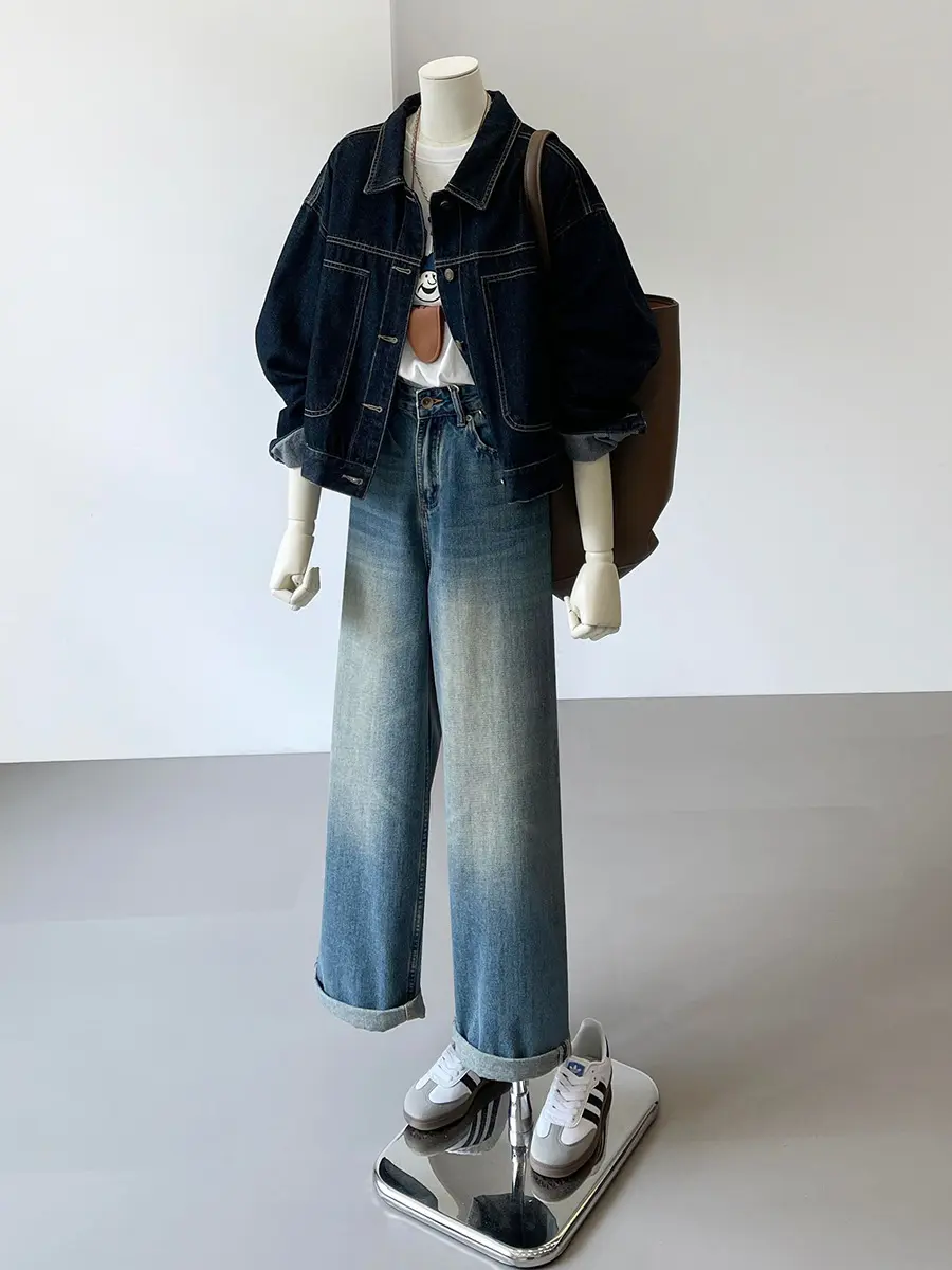 Navy Blue Short Denim Jacket Female Work Style Spring and Fall New Korean Version of the Casual Pocket Design Sense Thin Blouse