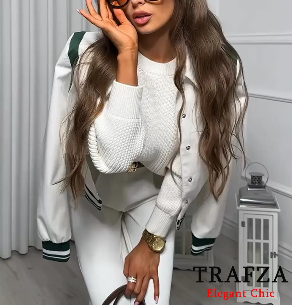 TRAFZA-Women Casual Jacket Lapel Buttons Ribbed Jacket White Splicing Green New 2025 Spring Fashion Simple Sports Female Jacket