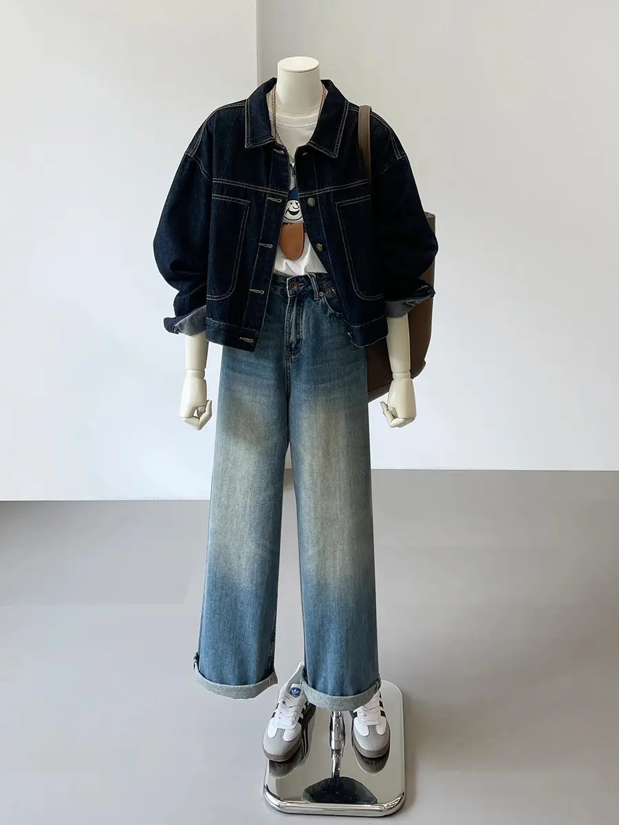 Navy Blue Short Denim Jacket Female Work Style Spring and Fall New Korean Version of the Casual Pocket Design Sense Thin Blouse