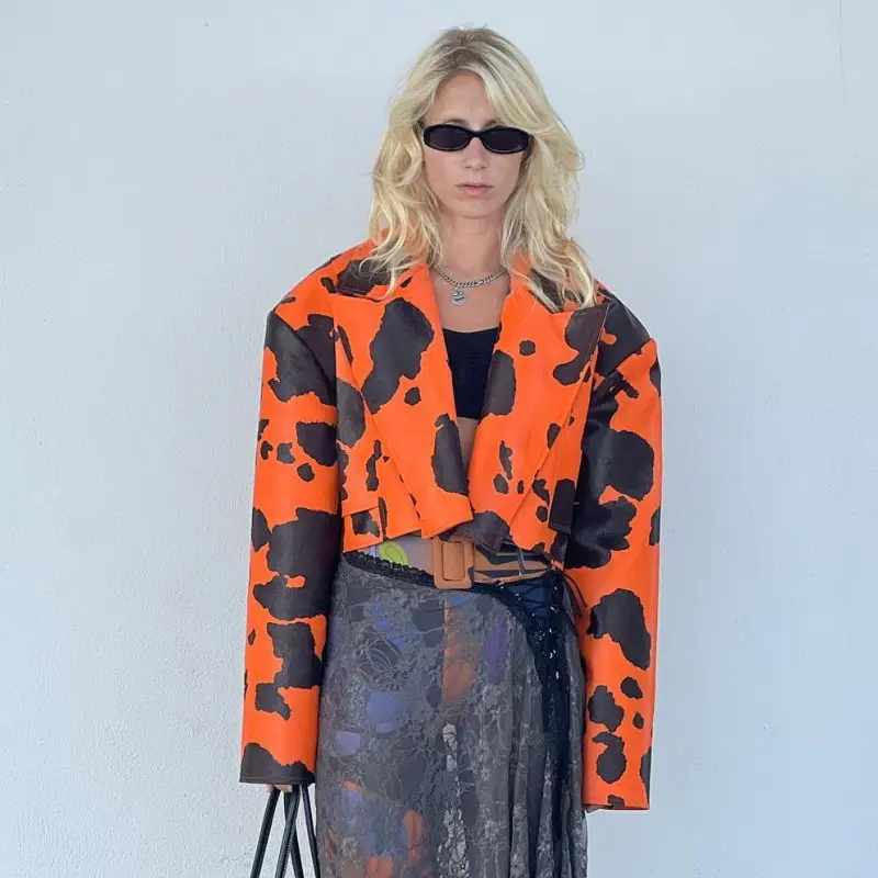 Oshfall Autumn High Street Jacket For Women Harajuku Faux PU Leather 2023 New  Printing Coat Simple  Fashion Female Streetwear