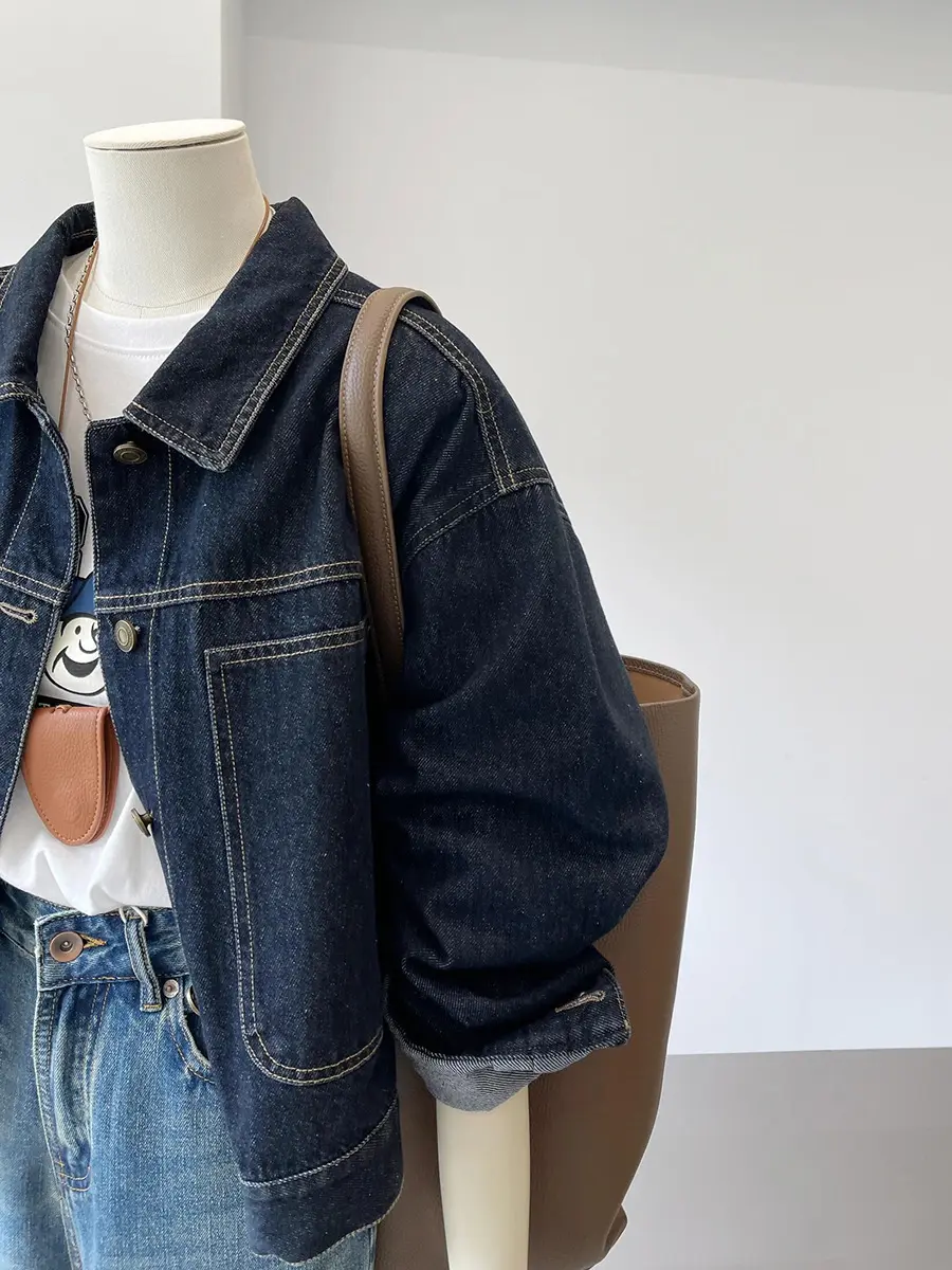 Navy Blue Short Denim Jacket Female Work Style Spring and Fall New Korean Version of the Casual Pocket Design Sense Thin Blouse