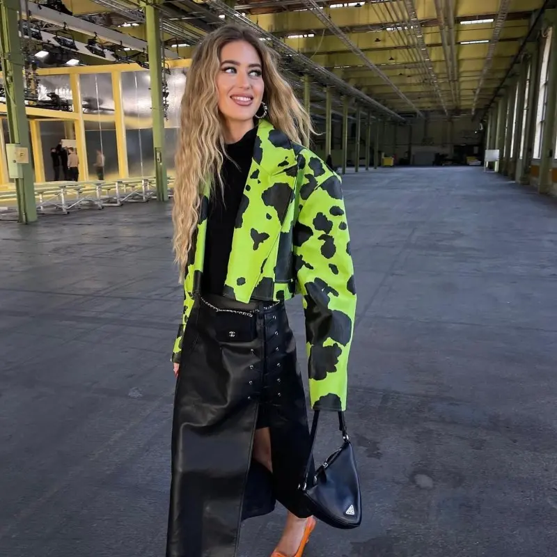 Oshfall Autumn High Street Jacket For Women Harajuku Faux PU Leather 2023 New  Printing Coat Simple  Fashion Female Streetwear