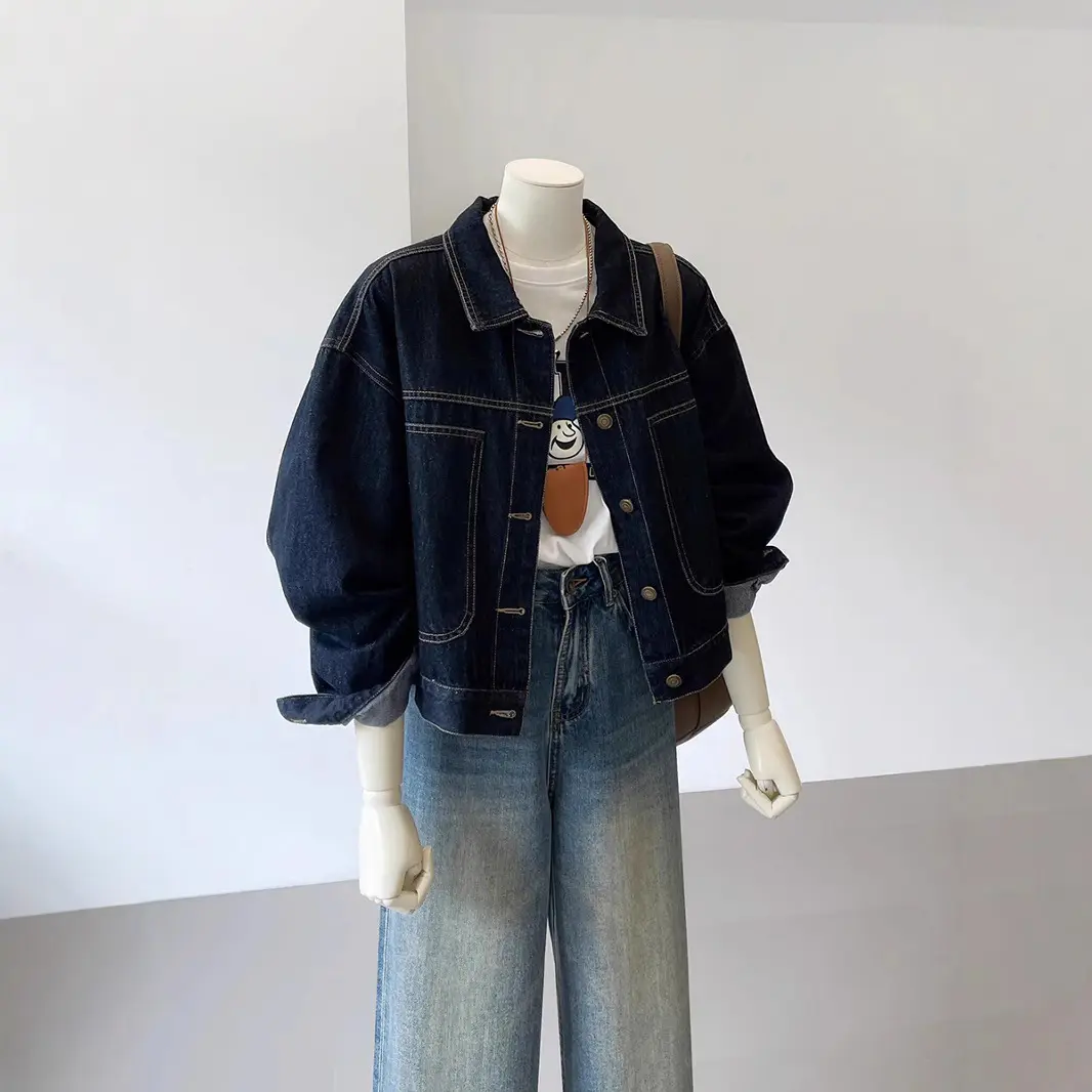 Navy Blue Short Denim Jacket Female Work Style Spring and Fall New Korean Version of the Casual Pocket Design Sense Thin Blouse