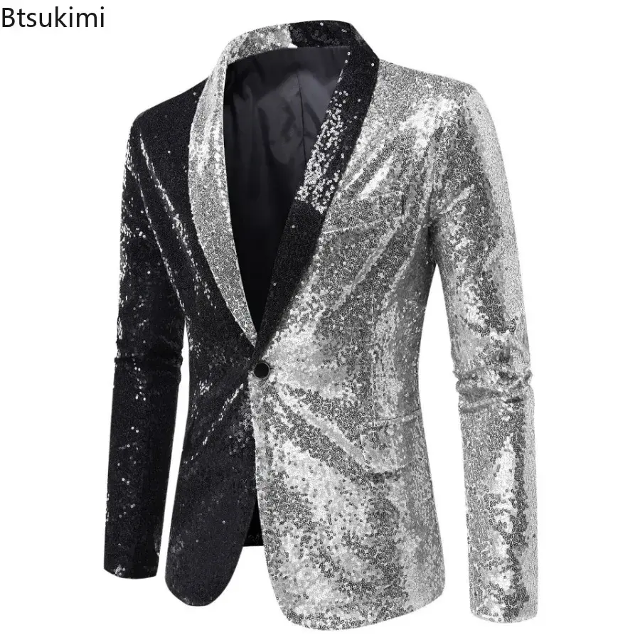 2025Men's Patchwork Sequins Tuxedo Blazers Stylish Shiny Shawl Lapel One Button Blazer Suit Jacket Men Disco Party Stage Costume