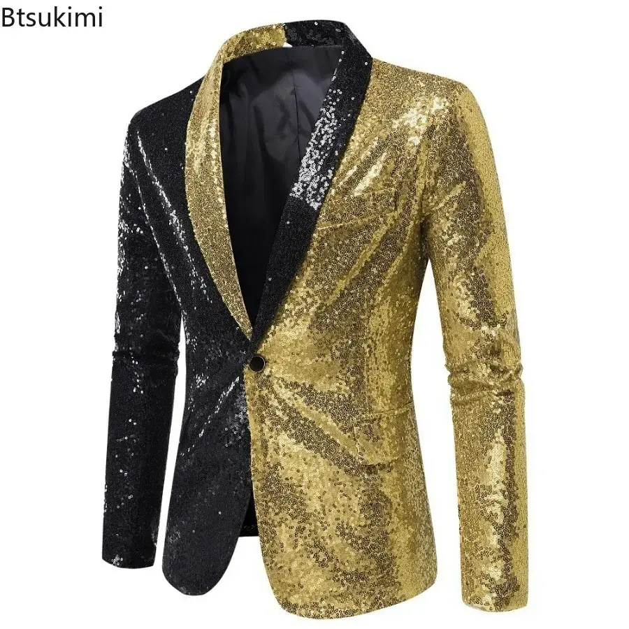 2025Men's Patchwork Sequins Tuxedo Blazers Stylish Shiny Shawl Lapel One Button Blazer Suit Jacket Men Disco Party Stage Costume