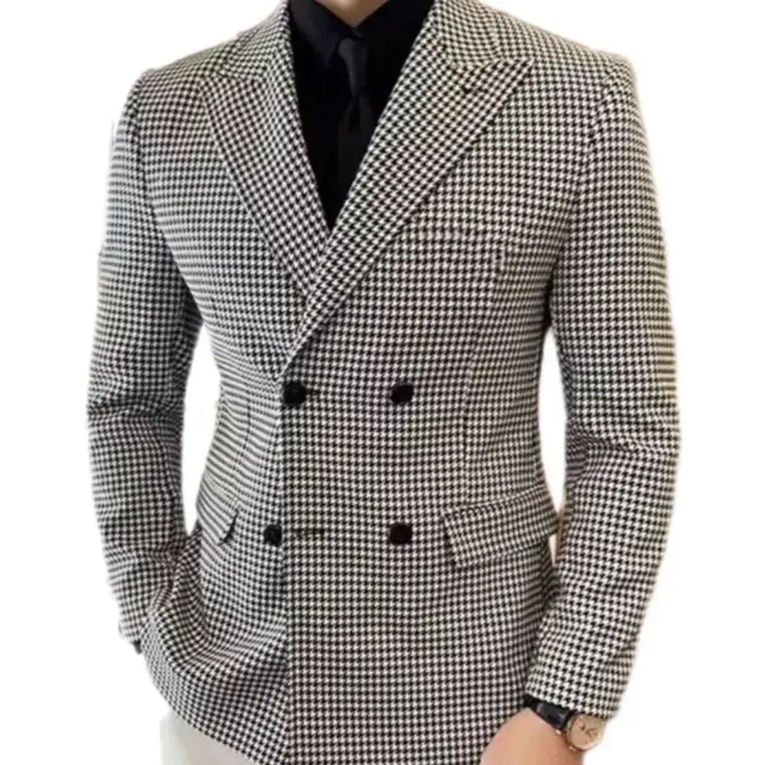 Double Breasted Check Blazer for Men Wedding Party 1 Piece Peak Lapel Male Suit Jacket Slim Fit Casual Style Fashion Jackets