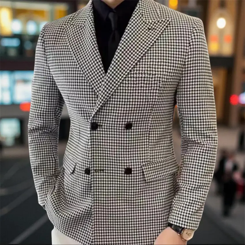 Double Breasted Check Blazer for Men Wedding Party 1 Piece Peak Lapel Male Suit Jacket Slim Fit Casual Style Fashion Jackets