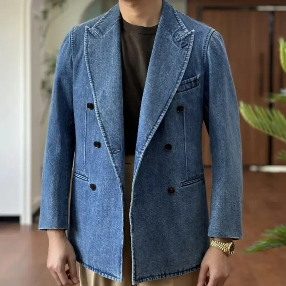 Autumn Denim Jacket Men Blazer Masculino Italian Style Double Breasted Blazer Men Lapel Collar Casual Business Blazer Hombre