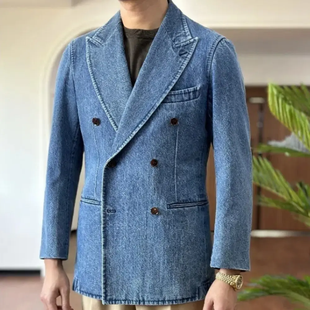 Autumn Denim Jacket Men Blazer Masculino Italian Style Double Breasted Blazer Men Lapel Collar Casual Business Blazer Hombre