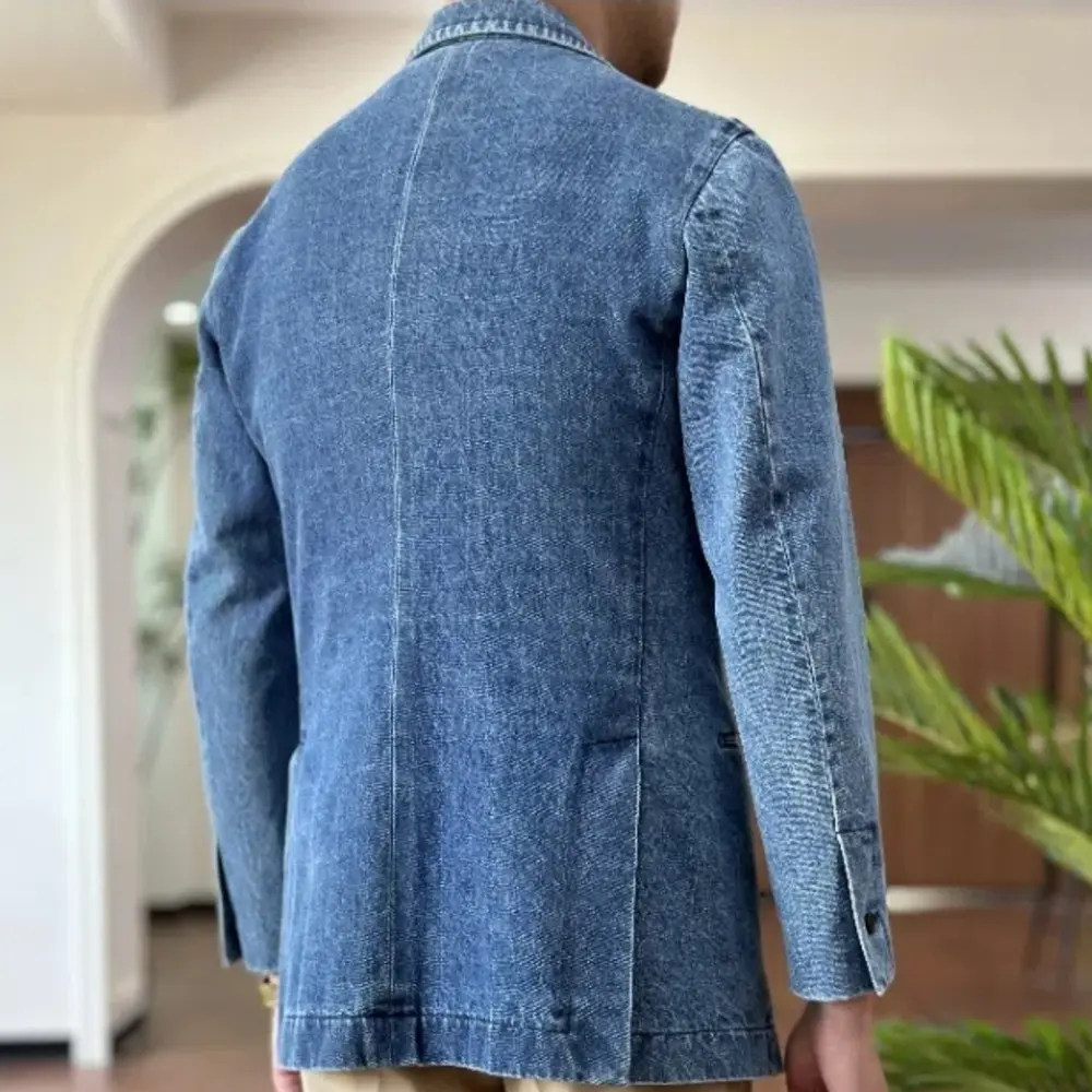 Autumn Denim Jacket Men Blazer Masculino Italian Style Double Breasted Blazer Men Lapel Collar Casual Business Blazer Hombre