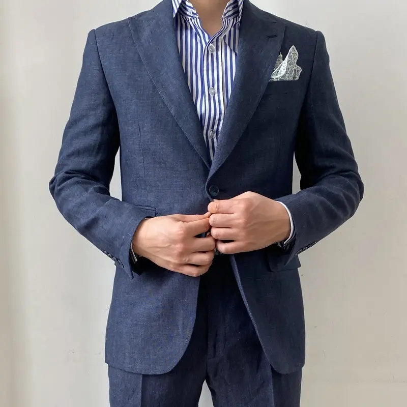 Fat Man Plus Size Men's Navy Blue Linen Suit British Gentleman Versatile Slim Men's Suit Top Trendy Casual Business