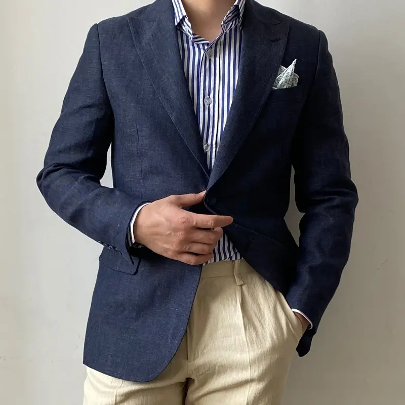 Fat Man Plus Size Men's Navy Blue Linen Suit British Gentleman Versatile Slim Men's Suit Top Trendy Casual Business