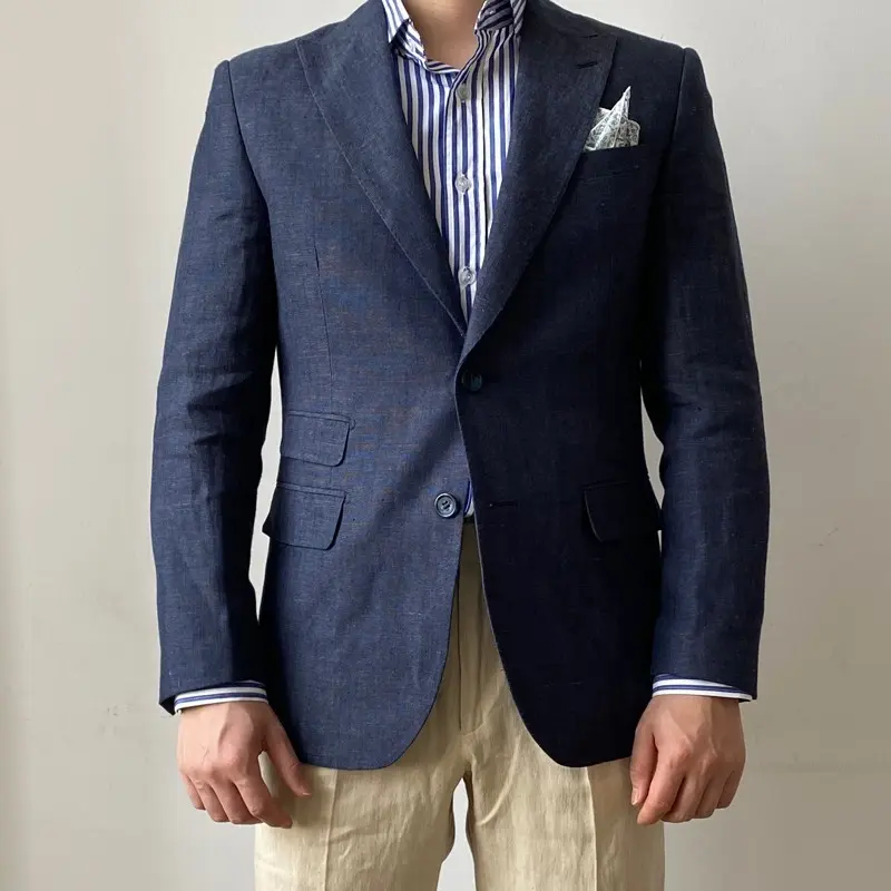 Fat Man Plus Size Men's Navy Blue Linen Suit British Gentleman Versatile Slim Men's Suit Top Trendy Casual Business