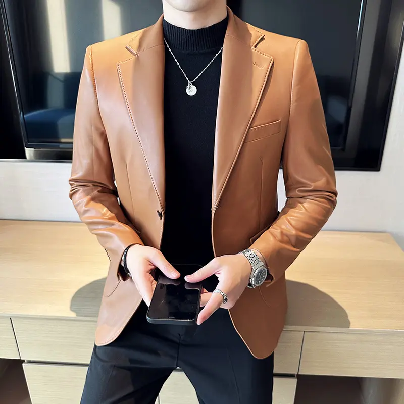 Faux Leather Blazer Jackets Men All Match Business Casual Long Sleeve Mens Casual Blazers Slim Fit Single Breasted Suit Coat Man