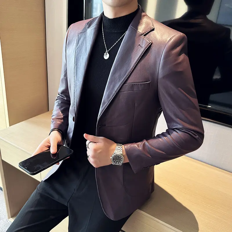 Faux Leather Blazer Jackets Men All Match Business Casual Long Sleeve Mens Casual Blazers Slim Fit Single Breasted Suit Coat Man