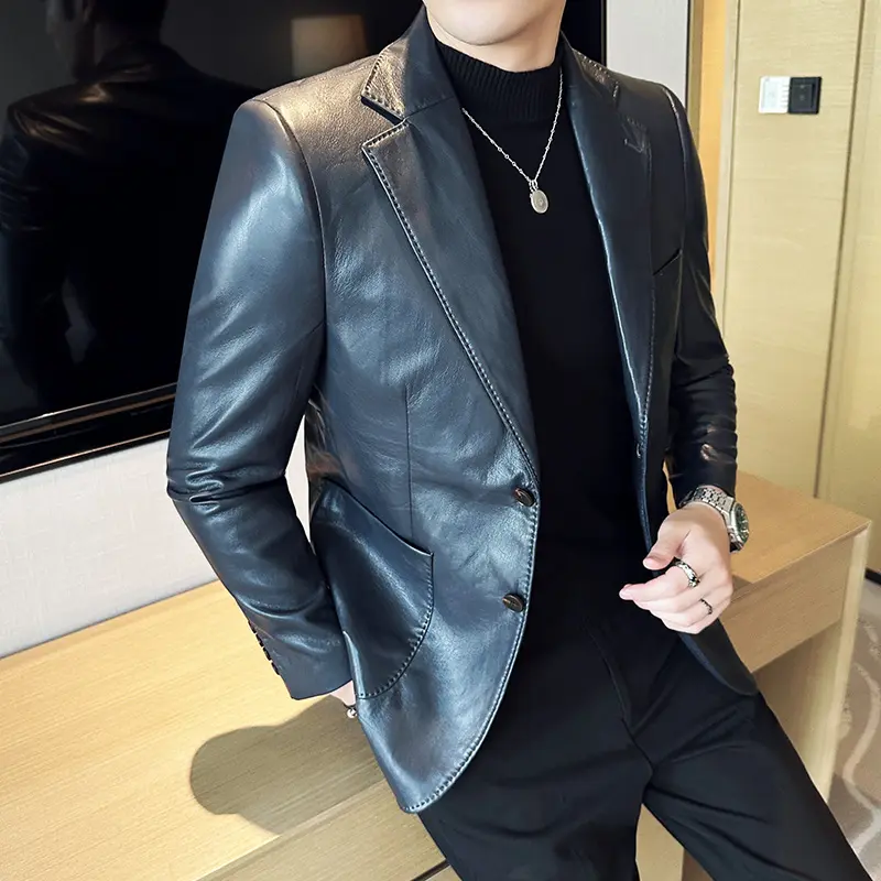 Faux Leather Blazer Jackets Men All Match Business Casual Long Sleeve Mens Casual Blazers Slim Fit Single Breasted Suit Coat Man