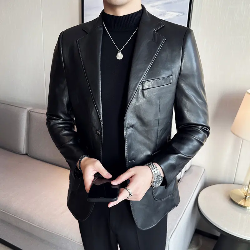 Faux Leather Blazer Jackets Men All Match Business Casual Long Sleeve Mens Casual Blazers Slim Fit Single Breasted Suit Coat Man