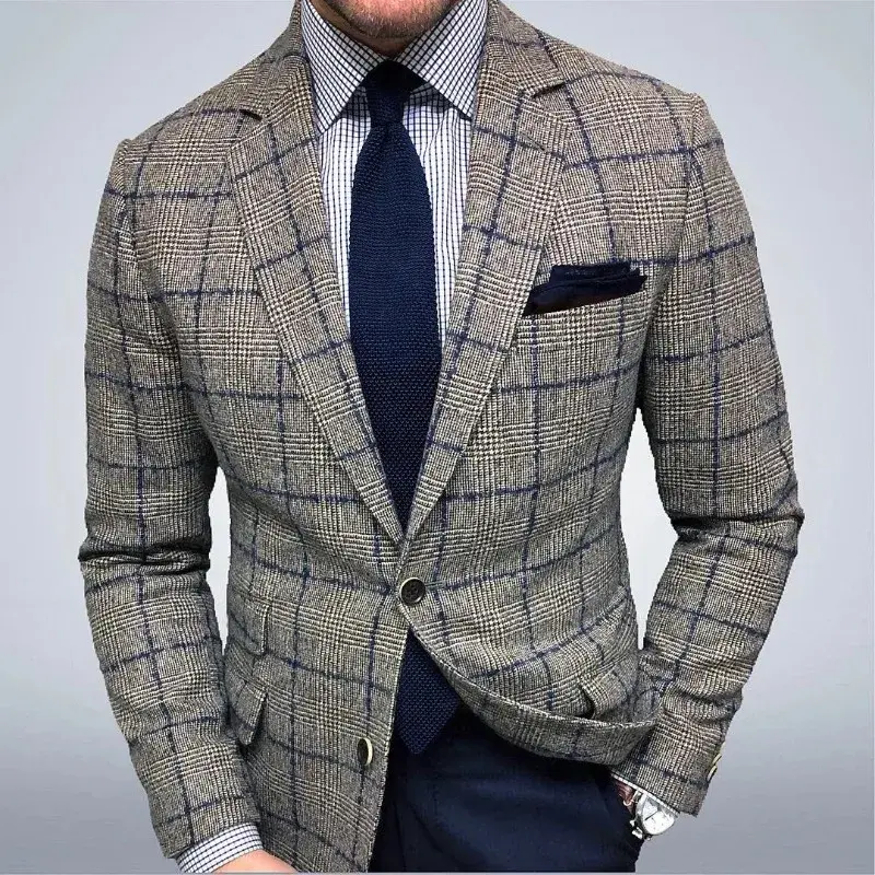 2023 Autumn Winter Blazers New Men's Slim Fit Plaid Suit Jacket Men Vintage Single-Breasted Long Sleeve Turn-down Collar Blazers