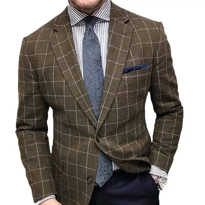 2023 Autumn Winter Blazers New Men's Slim Fit Plaid Suit Jacket Men Vintage Single-Breasted Long Sleeve Turn-down Collar Blazers
